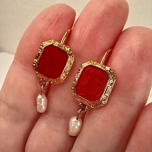Earrings Red Pearl Vintage Leverback
